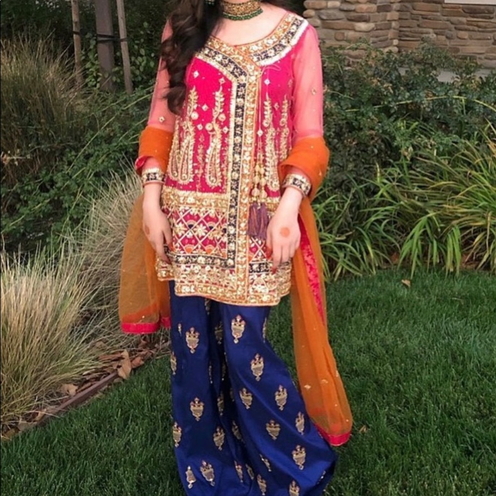 SOLD Pakistani / Indian Pink Mehndi gotta suit with bootcut pant peplum angrakha